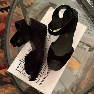 Pedro Garcia platform sandal black suede well worn. Size 40/9.5.  FAMA